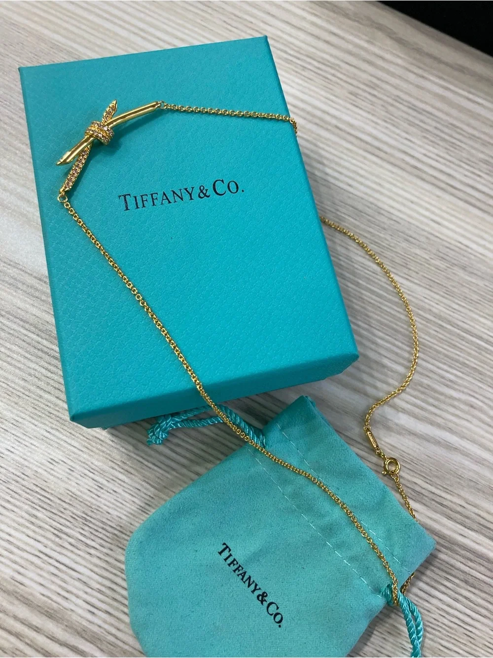 Gold Knot Bar Pendant Necklace in Aqua